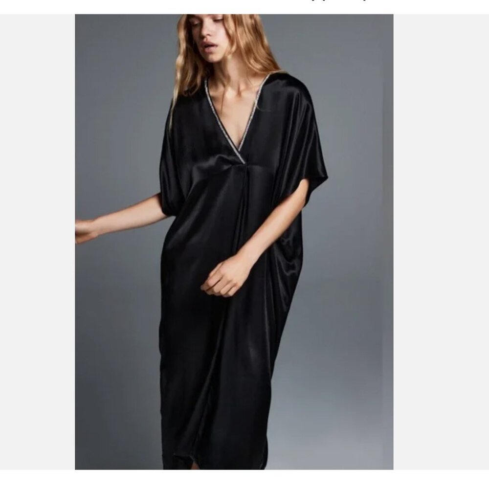 ZARA NWT WOMAN SATIN EFFECT MIDI TUNIC Black Rhinestones Kaftan Small
